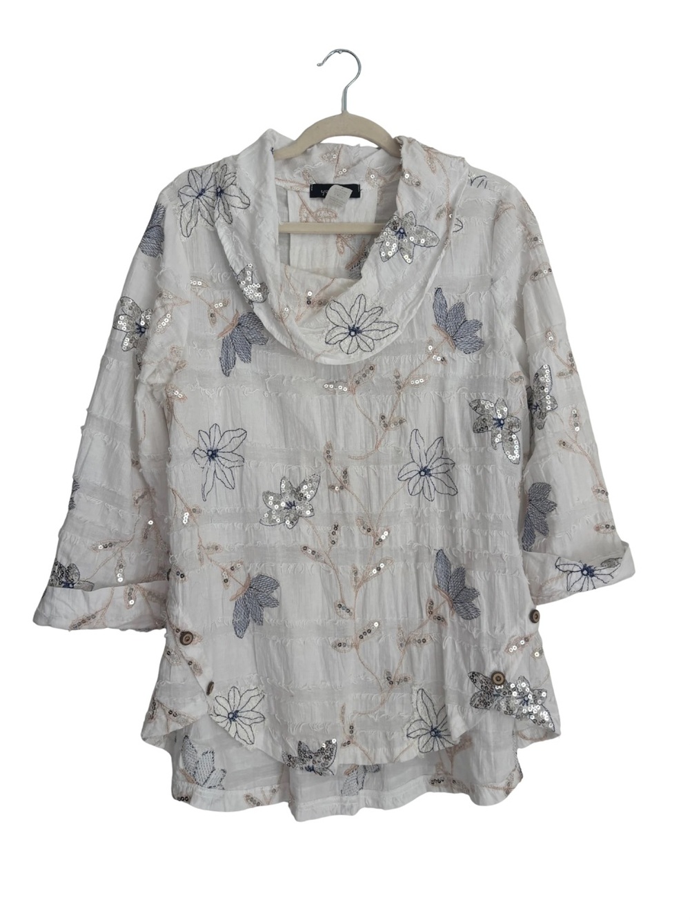 Women's White Embellished Floral Cowl-Neck Tunic